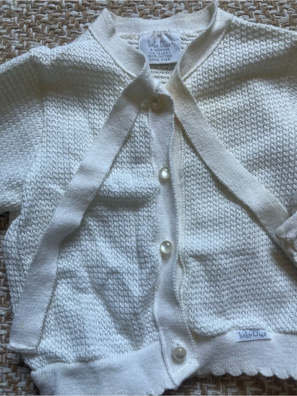 Vintage Baby Dior White Knit Cardigan Sweater Embroidered Logo Tie